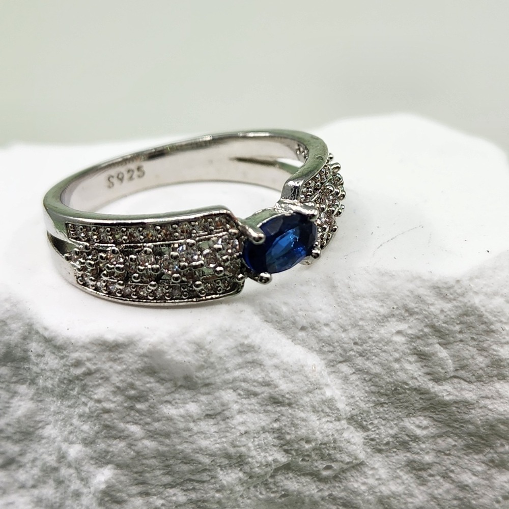 S925 Sterling Silver Blue Oval Stone Clear Accent Pave Statement Cocktail Ring